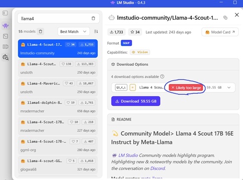 LM Studioのモデル検索画面。赤背景に白文字で「likely too large」という表示が出ている